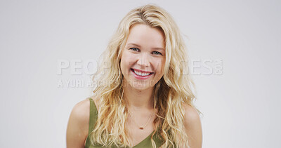 Buy stock photo Portrait, student and woman with smile, confident and positive attitude for scholarship and college. Studio, pupil or person with pride for education, white background or happy for opportunity in USA