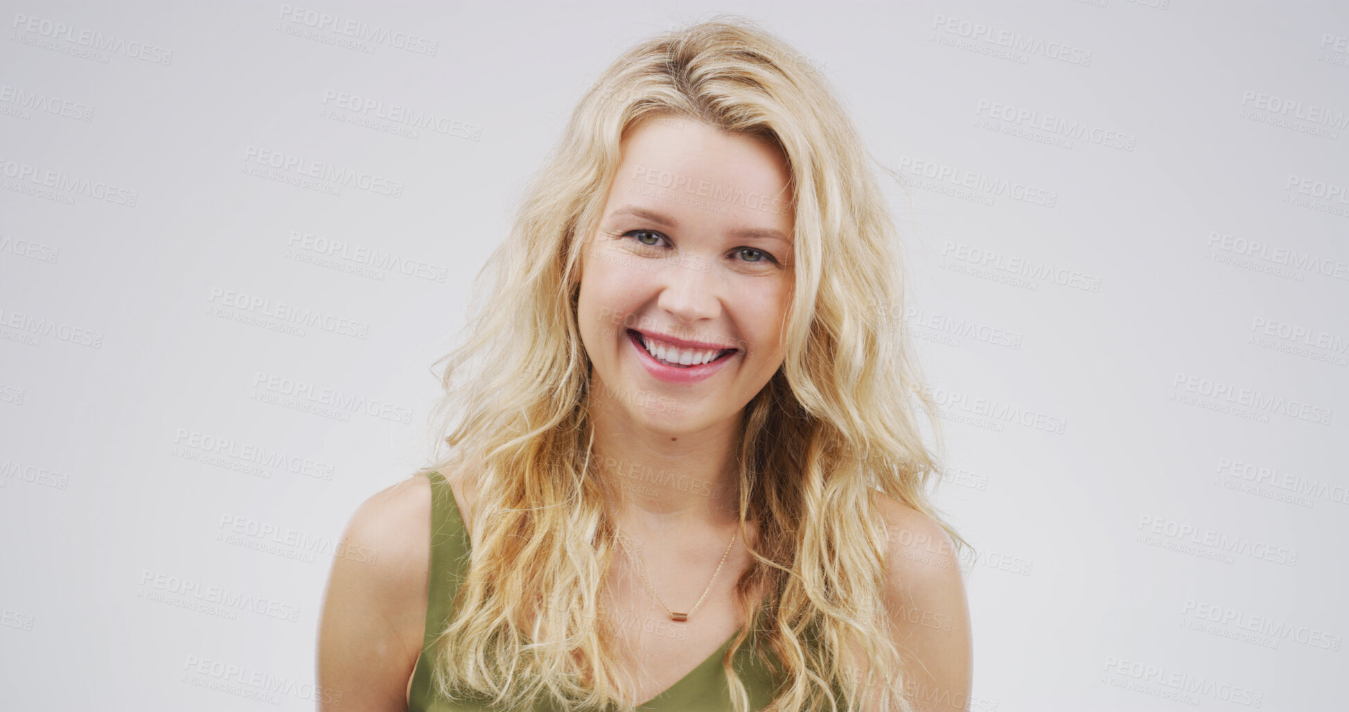 Buy stock photo Portrait, student and woman with smile, confident and positive attitude for scholarship and college. Studio, pupil or person with pride for education, white background or happy for opportunity in USA