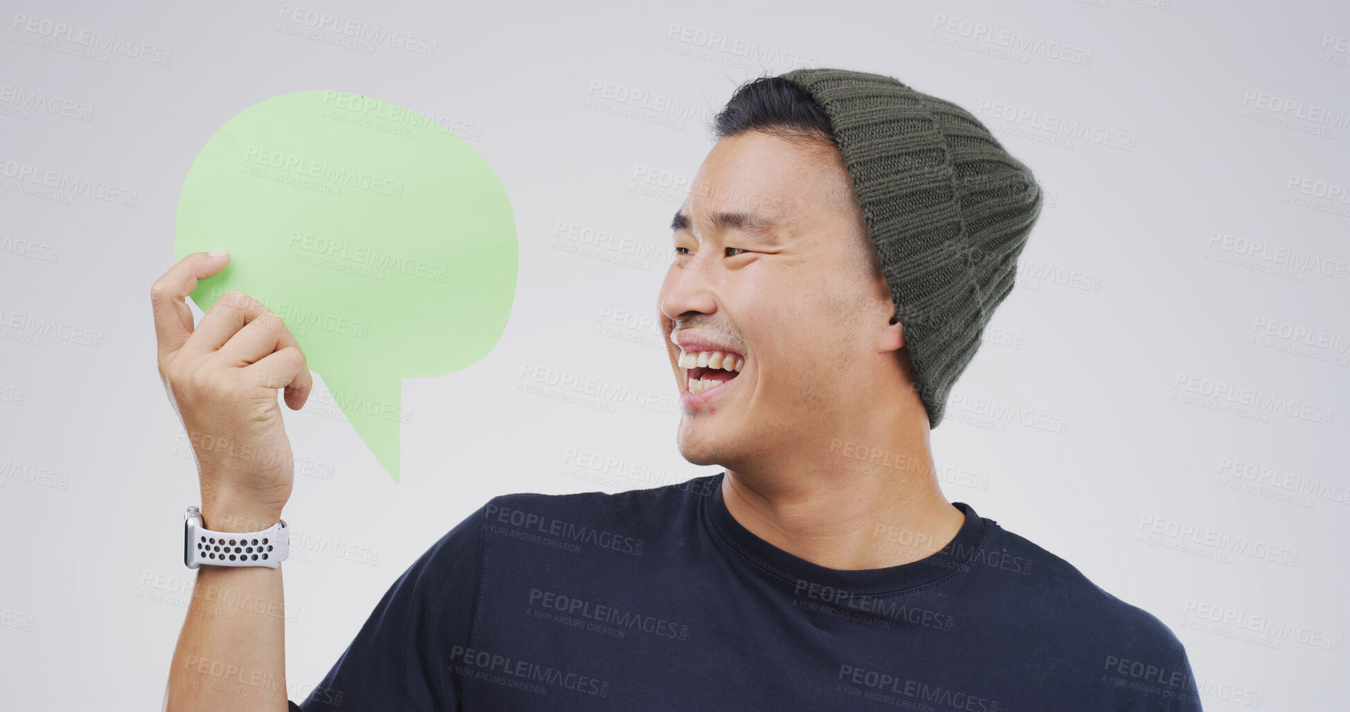 Buy stock photo Man, speech bubble and excited mockup for communication, marketing or chat in studio. Approval, smile and person with space for opinion isolated on white background for promotion, feedback or quote