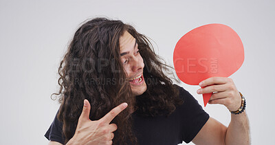 Buy stock photo Man, speech bubble and pointing mockup for communication, marketing or chat in studio. Approval, idea and person with space for opinion isolated on white background for promotion, feedback or quote