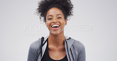 Buy stock photo Comic, laughing and portrait with student woman on studio space for education, humor or satisfaction. Comedy, funny and joke with happy person isolated on white background for college scholarship
