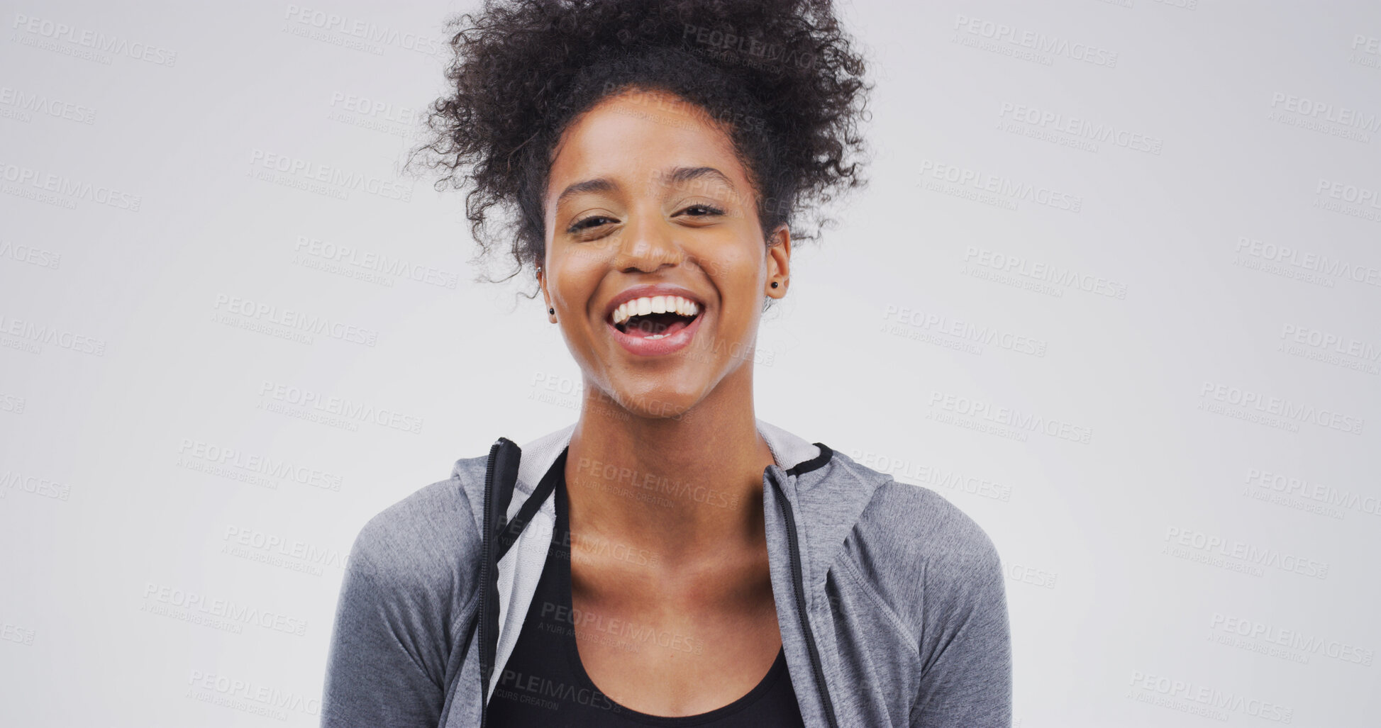 Buy stock photo Comic, laughing and portrait with student woman on studio space for education, humor or satisfaction. Comedy, funny and joke with happy person isolated on white background for college scholarship
