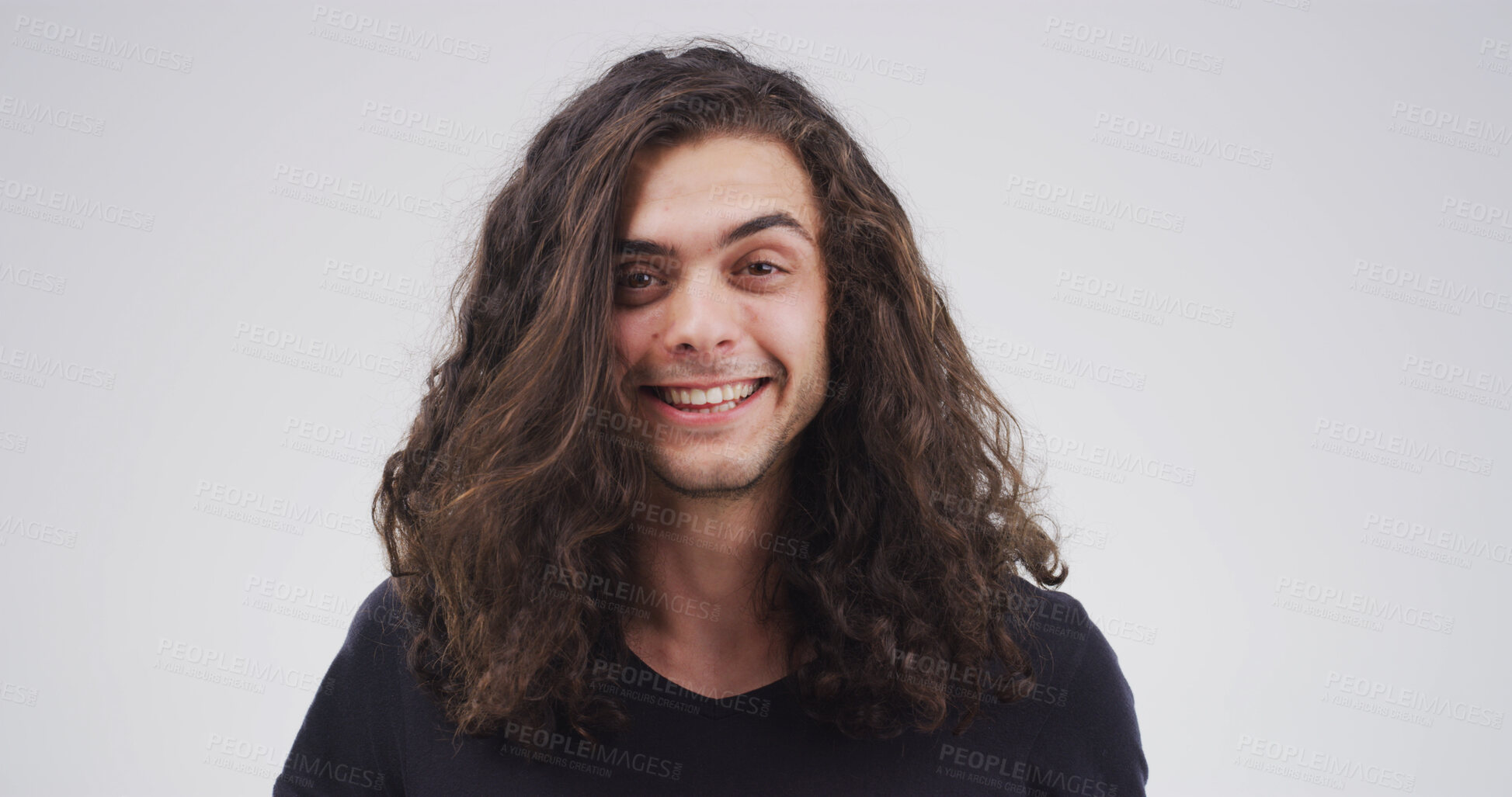 Buy stock photo Learning, portrait and smile of student man in studio for college or university satisfaction. Education, future and growth with happy person isolated on white background for knowledge or study