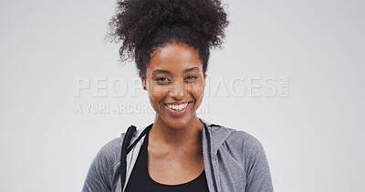 Buy stock photo Happy, laughing and portrait with student woman on studio space for education, humor or satisfaction. Learning, study and university and with smile of African person isolated on white background