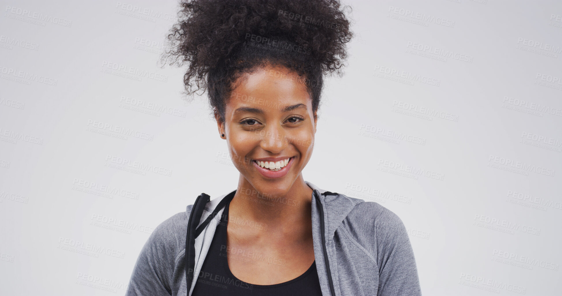 Buy stock photo Happy, laughing and portrait with student woman on studio space for education, humor or satisfaction. Learning, study and university and with smile of African person isolated on white background