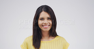 Buy stock photo Portrait, confident and woman with smile, studio or happy for opportunity in college or scholarship. White background, student or person with pride for knowledge, education or creative writing course