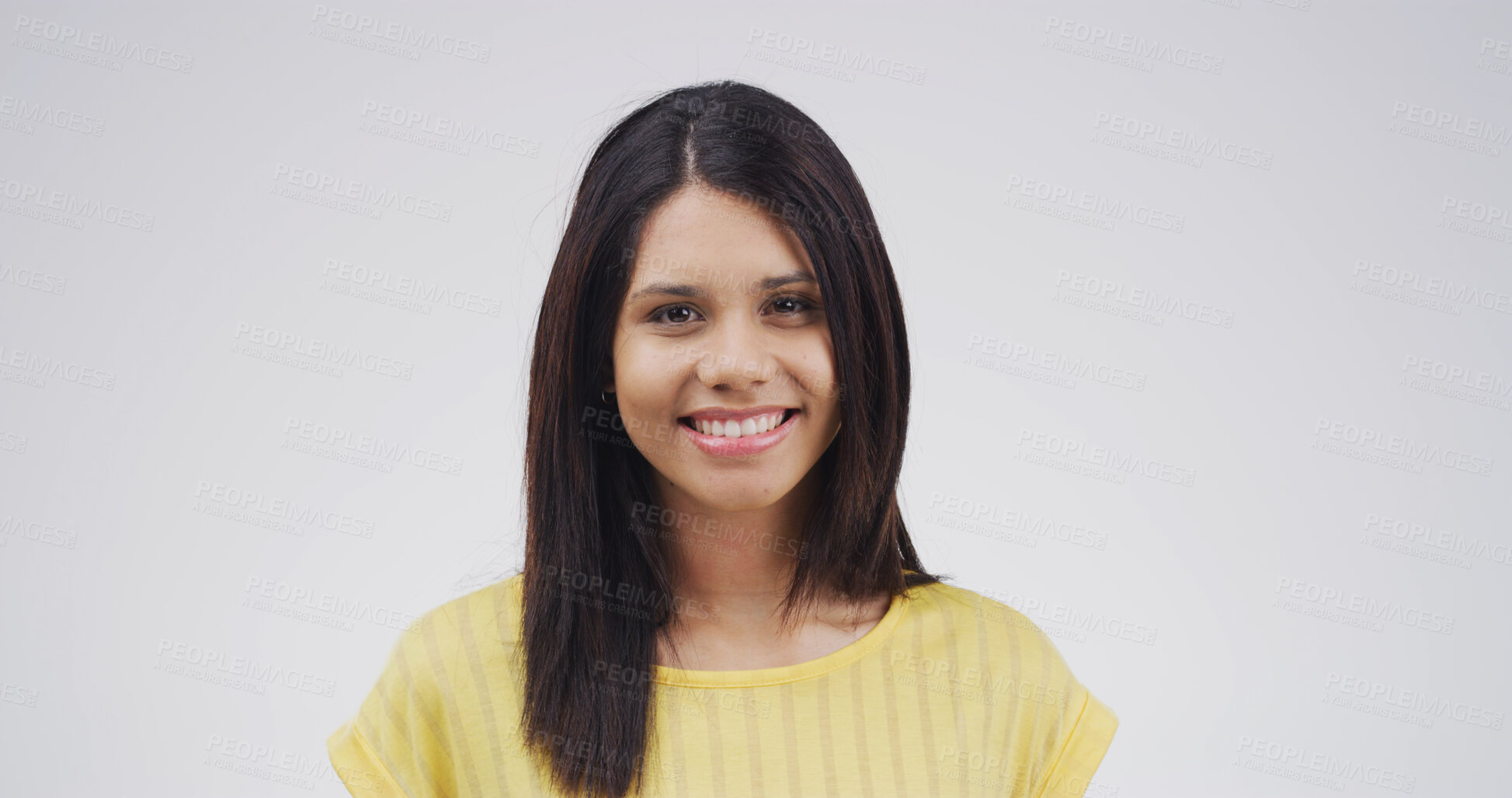 Buy stock photo Portrait, confident and woman with smile, studio or happy for opportunity in college or scholarship. White background, student or person with pride for knowledge, education or creative writing course