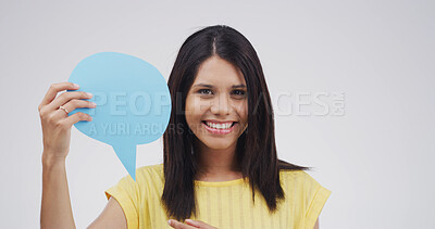 Buy stock photo Portrait, speech bubble and woman in studio, smile and social media on white background. Face, person and model with branding space, communication and review with feedback, announcement or mockup