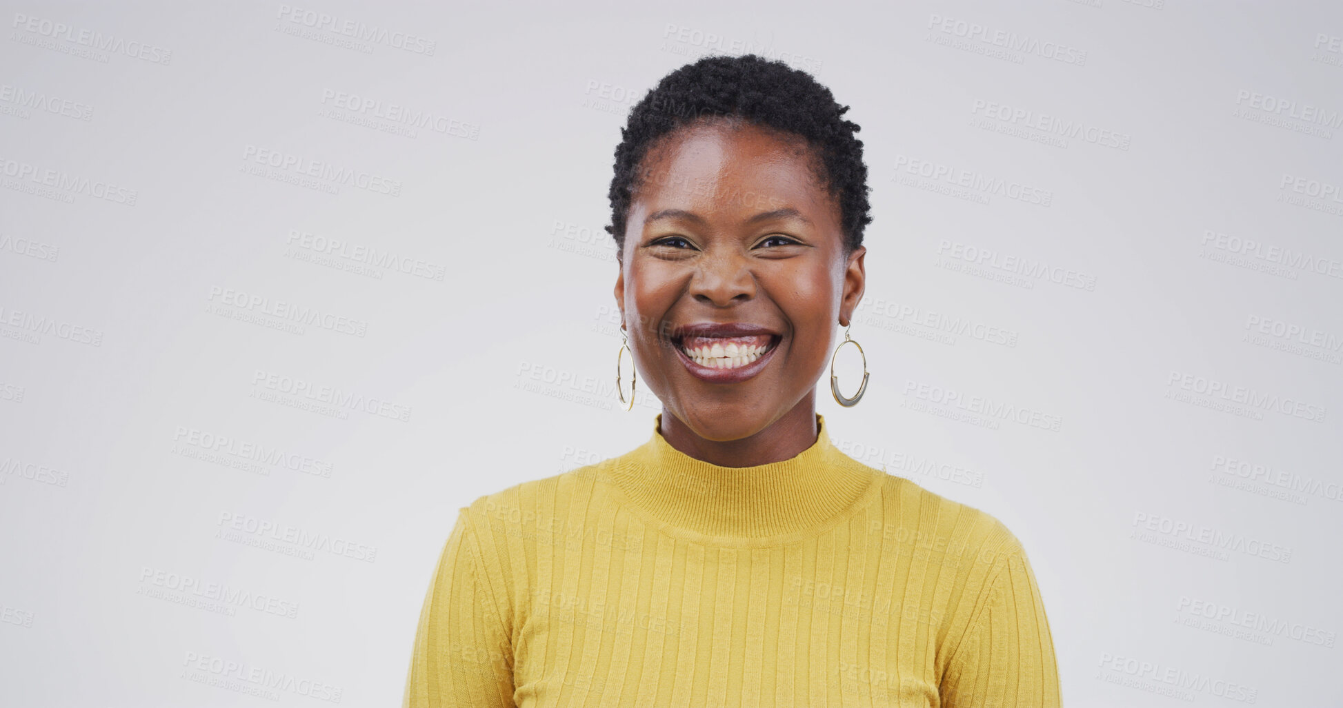 Buy stock photo Education, portrait and smile of student black woman in studio for college or university satisfaction. Development, future and learning with happy person isolated on white background for knowledge