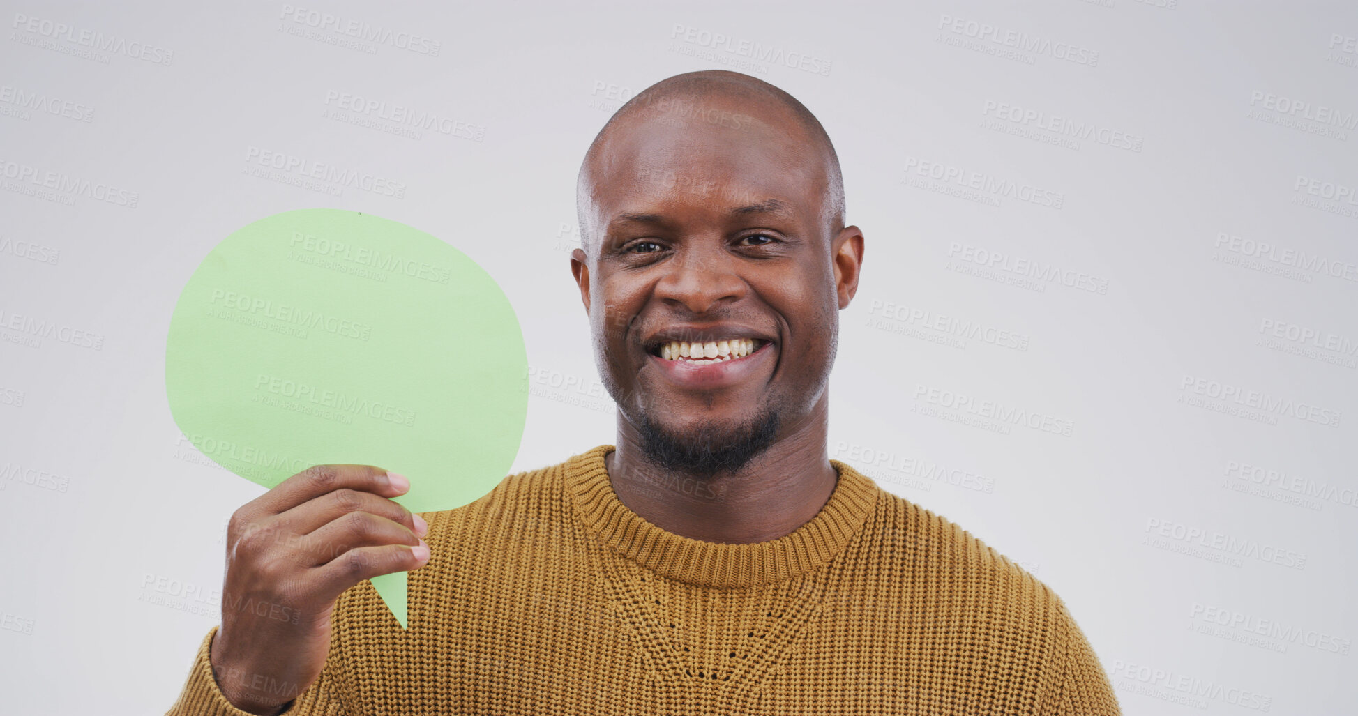 Buy stock photo Happy, black man and portrait with speech bubble in studio for chat on a white background. Male person, feedback or model face with smile, icon or shape for quote, conversation or say on mockup space