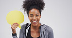 Black woman, portrait and happy with speech bubble, studio and mock up space by white background. African girl, smile and poster for opinion, announcement and choice with social media in Kenya