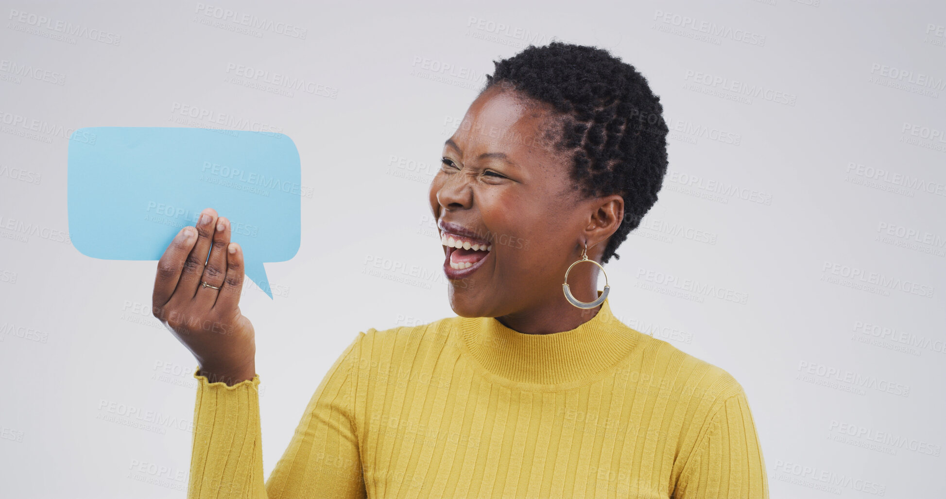 Buy stock photo Black woman, laugh and excited with speech bubble, studio and mock up space by white background. African person, smile and poster for opinion, announcement and choice with blank sign for social media