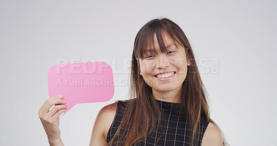 Buy stock photo Portrait, speech bubble and woman in studio, opportunity or announcement on white background. Happy person, social media or model with communication, information sign or coming soon with voice review