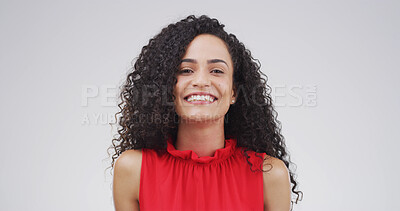 Buy stock photo Portrait, woman and smile for opportunity, studio and positive mindset for internship or journalism. Happy, trainee and person with pride for career growth, white background or reporter with ambition