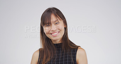 Buy stock photo Portrait, happy and woman with smile, confident or intern with positive mindset or public relations. Studio, publicist and person with pride for internship, white background and creative in Canada