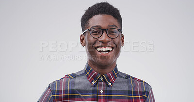 Buy stock photo Happy, confident and portrait of black man in studio with positive attitude for university scholarship. Laugh, pride and African male student with education opportunity at college by white background