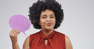 Buy stock photo Portrait, social media and speech bubble with woman in studio for communication, opinion or voice. Message, mockup space and word balloon with African person isolated on white background for feedback
