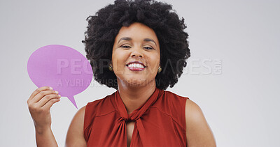 Buy stock photo Happy, black woman and portrait with speech bubble in studio for chat on a white background. Female person, feedback and model with smile, afro or shape for quote, conversation or say on mockup space