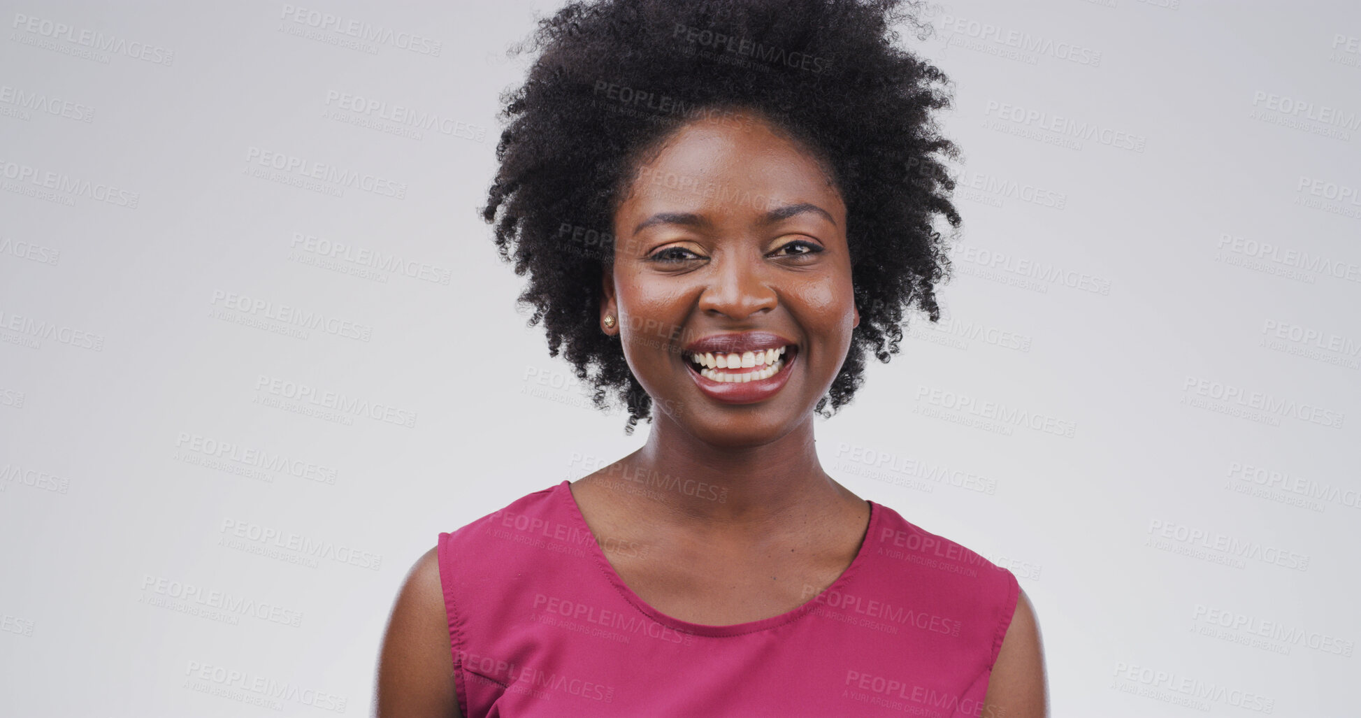 Buy stock photo Learning, portrait and smile of student, black woman in studio for college or university satisfaction. Education, future and growth with happy African person on white background for knowledge
