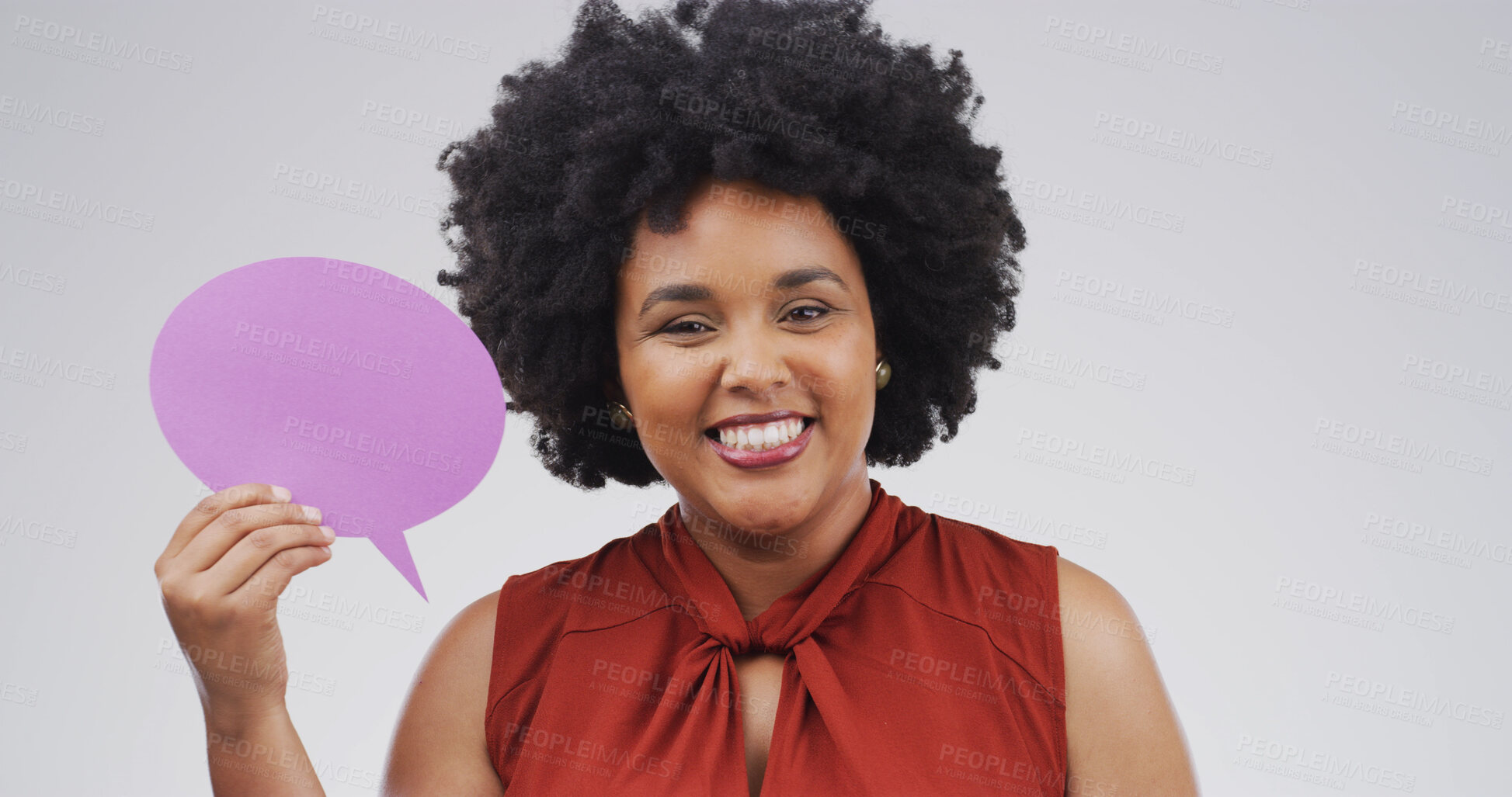 Buy stock photo Happy, black woman and portrait with speech bubble for social media on a white studio background. Female person, feedback and model with smile, afro or shape for quote, chat or say on mockup space