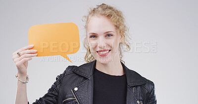 Buy stock photo Portrait, speech bubble and woman in studio, sign or announcement on white background. Person, billboard or model with communication, information icon or voice review with about us or chatting poster