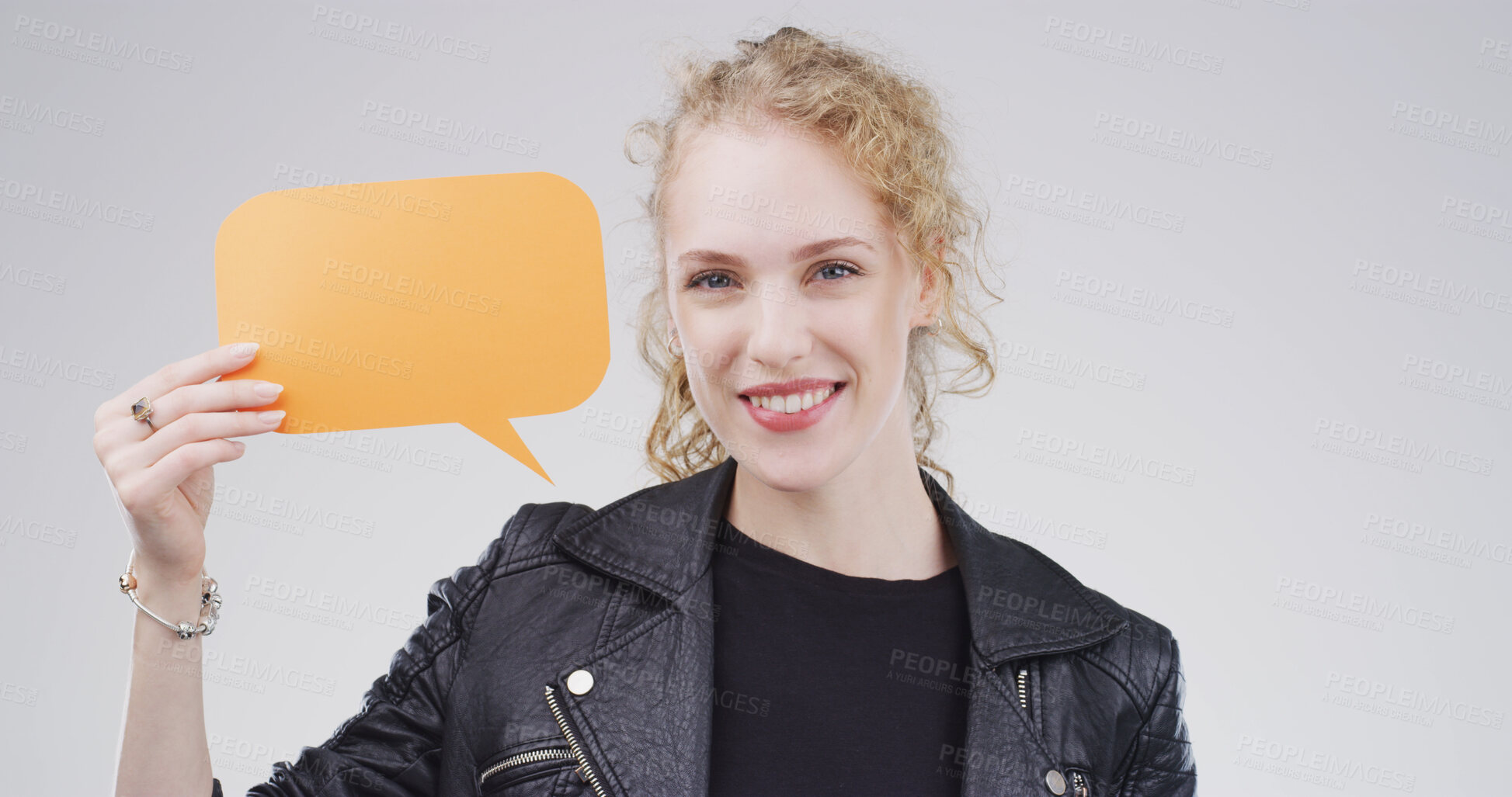 Buy stock photo Portrait, speech bubble and woman in studio, sign or announcement on white background. Person, billboard or model with communication, information icon or voice review with about us or chatting poster