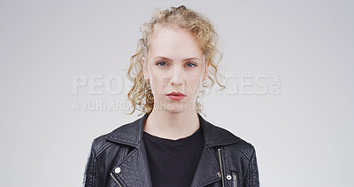 Buy stock photo Studio, student and woman with attitude, portrait and pride for education in college, rebel or cool. Confident, pupil and person with trendy outfit for university, white background and serious in USA