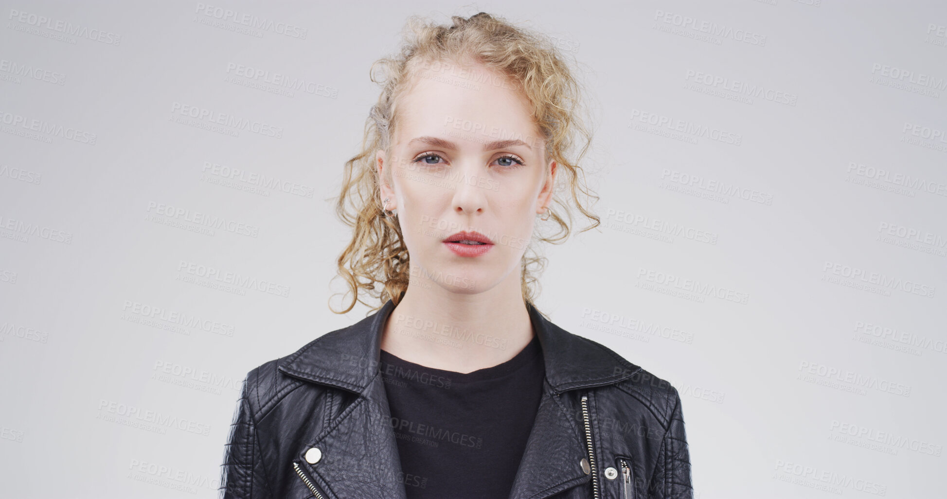 Buy stock photo Cool, student or woman with attitude, portrait and pride for education in college, rebel or studio. Confident, academic or person with trendy outfit for university, white background or serious in USA