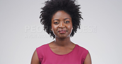 Buy stock photo Confident, black woman or portrait of teacher in studio for college, education or university course. Space, school and proud African educator on white background for learning, about us and teaching