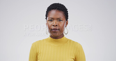 Buy stock photo Serious, portrait and black woman in studio with confidence for education career at high school. Pride, female person and African teacher with job opportunity with tutoring by white background.