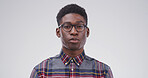 Education, portrait and student black man on studio space for college or university scholarship. Development, glasses and learning with African person isolated on white background for school study