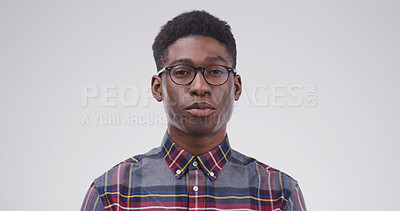 Buy stock photo Education, portrait and student black man on studio space for college or university scholarship. Development, glasses and learning with African person isolated on white background for school study
