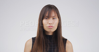 Buy stock photo Growth, hair and portrait with grumpy woman on studio space for makeover or styling mistake. Beauty, keratin and shampoo with unhappy Asian person isolated on white background for haircare fail