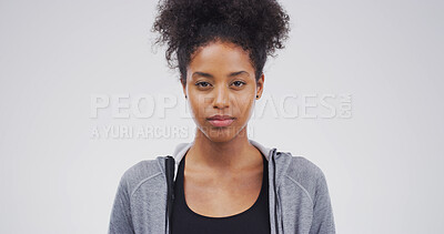 Buy stock photo Serious, portrait and woman in studio with confidence for education career with gym educator. Pride, female person and sports teacher from Colombia with job opportunity for tutor by white background.