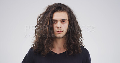 Buy stock photo Education, portrait and student man on studio space for college or university scholarship. Development, learning and messy hair with person isolated on white background for future or school study