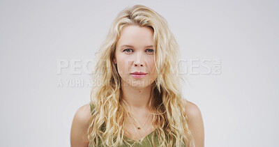 Buy stock photo Beauty, hair and portrait with woman on studio space for growth, makeover styling or volume. Conditioner, keratin and shampoo with confident person isolated on white background for haircare treatment