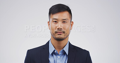 Buy stock photo Serious, portrait and businessman with pride, studio and ambition for financial growth or corporate. White background, entrepreneur and Asian person with opportunity for career development and China