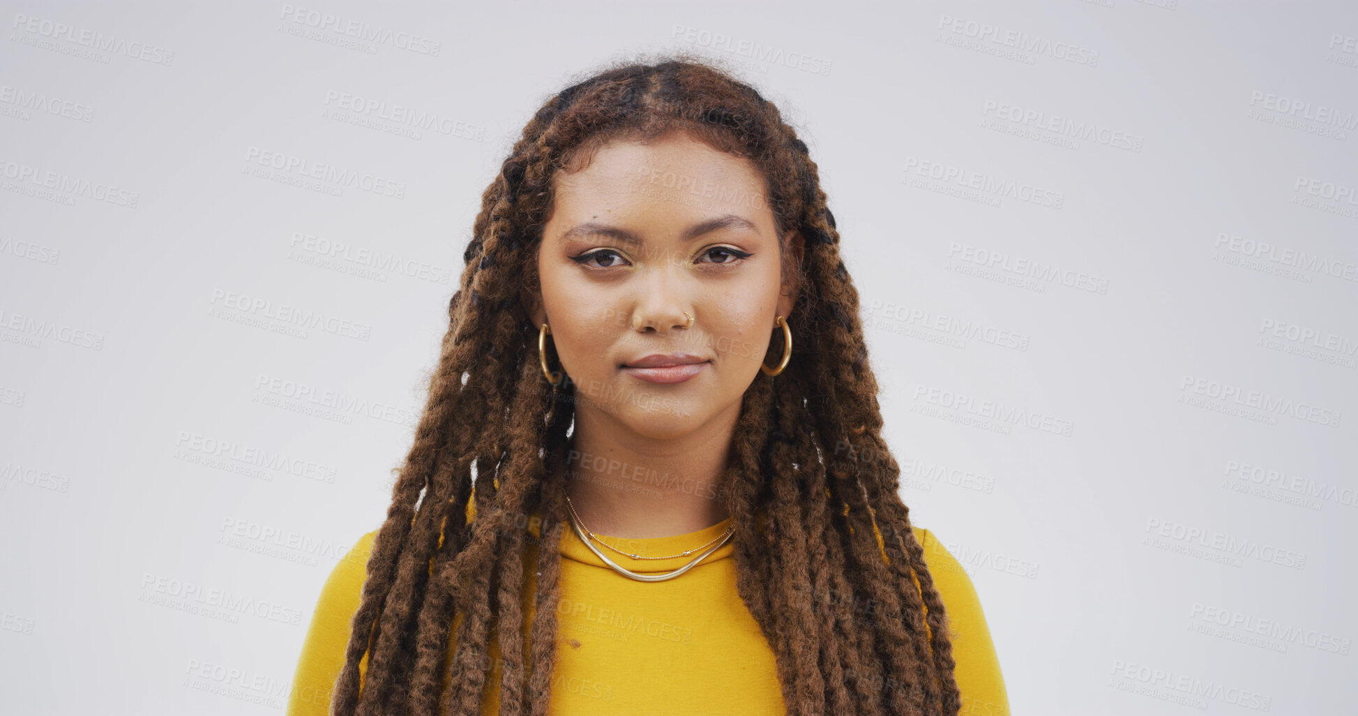 Buy stock photo Woman, hairstyle and dreads in studio portrait with growth, shine and texture on white background. Person, hair care and pride with results, keratin or mock up space with transformation in Brazil