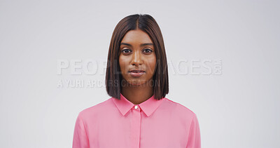 Buy stock photo Education, portrait and serious with student on studio space for development or study concentration. College, school and university with Indian woman isolated on white background for learning