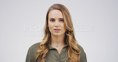 Buy stock photo Education, woman or portrait with teacher in studio for learning occupation on a white background. Female person, serious educator or college tutor with wavy hair for teaching or development on space