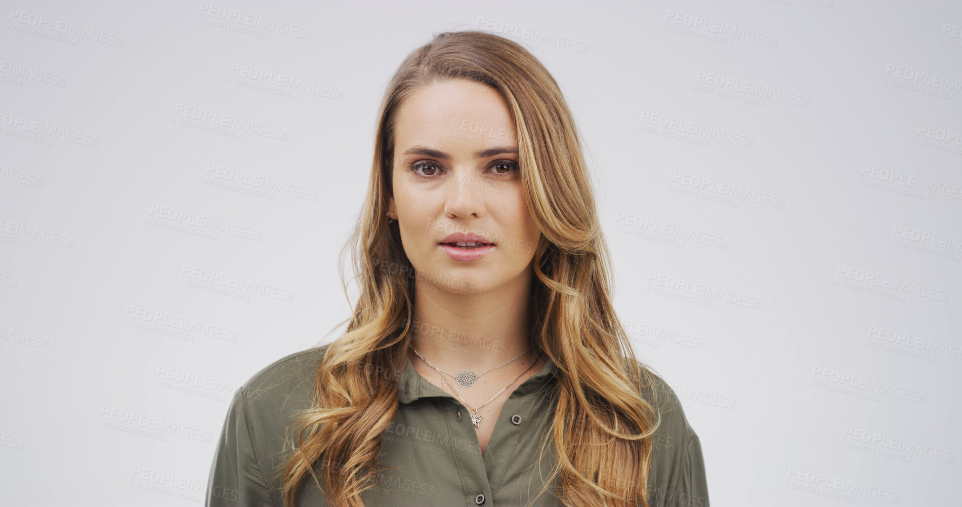 Buy stock photo Education, woman or portrait with teacher in studio for learning occupation on a white background. Female person, serious educator or college tutor with wavy hair for teaching or development on space