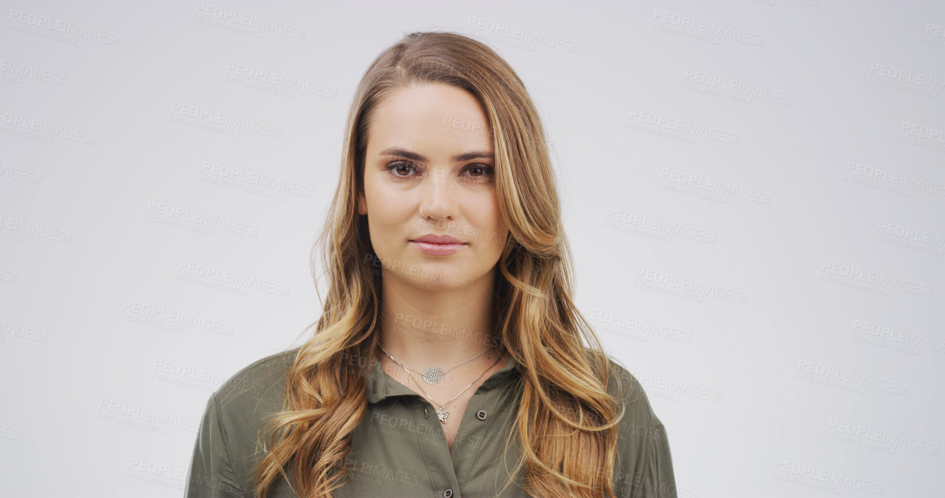 Buy stock photo Woman, hairstyle and confidence in studio portrait with growth, shine and texture on white background. Person, hair care and pride with results, keratin or mock up space with balayage in Italy