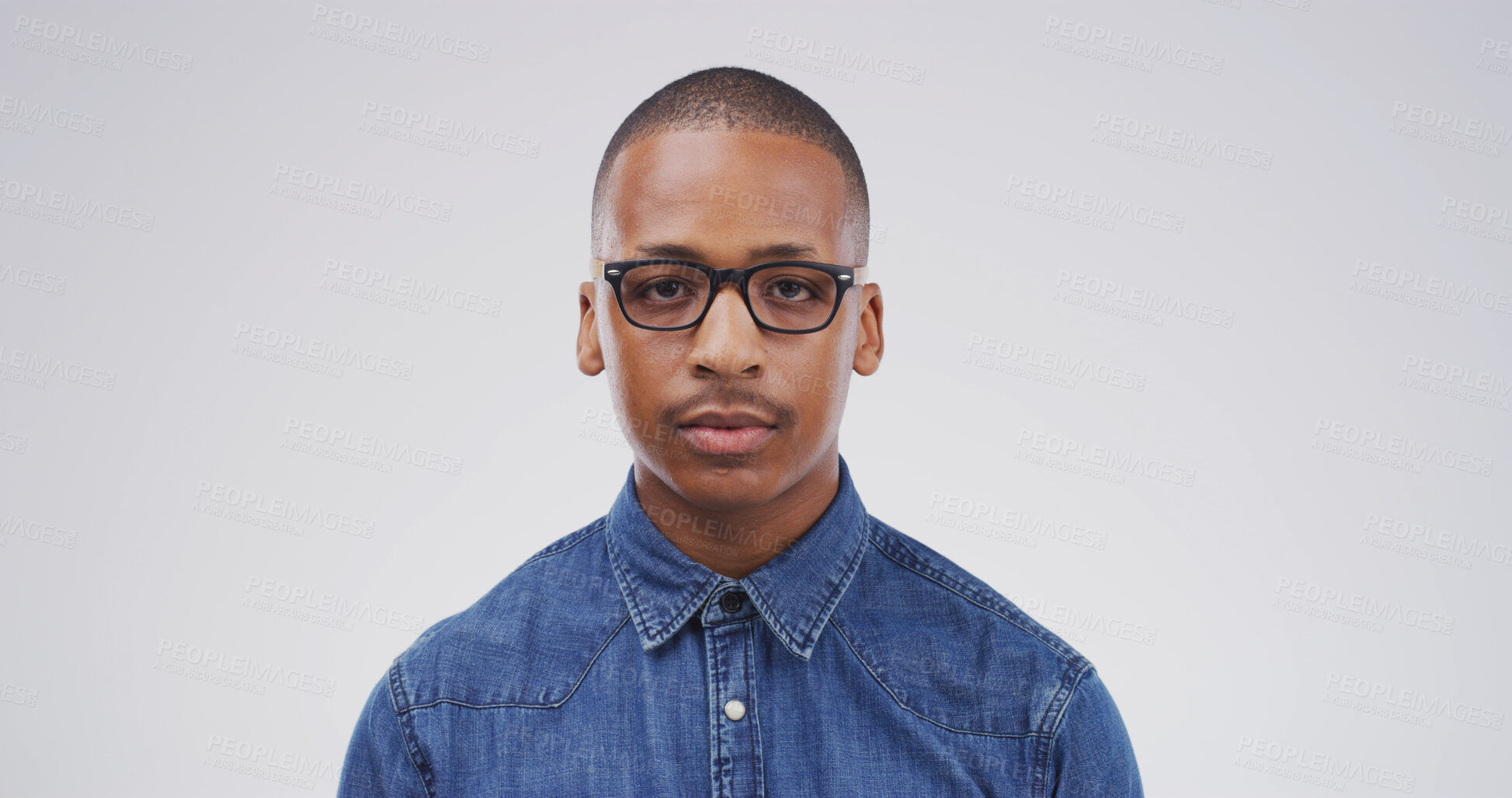 Buy stock photo Black man, portrait and student with glasses in studio for optometry on a white background. Male person, nerd or geek model with spectacles or lens for style, eyesight or accessory on mockup space