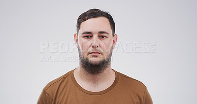 Buy stock photo Student, serious and portrait of man in studio for college opportunity, education and development. University future, scholarship and knowledge with person on white background space for academy