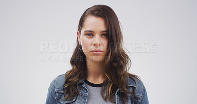 Buy stock photo Education, portrait and serious with woman on studio space for development or study concentration. College, school and university with scholarship student isolated on white background for learning