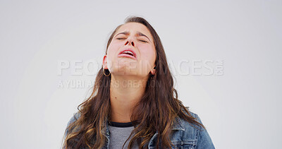 Buy stock photo Emotions, crying and sad with woman on studio space for reaction for bad news of grief, loss or pain. Broken heart, depression and stress with unhappy person isolated on white background for mourning