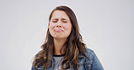 Sad, crying and woman with stress in studio for broken heart, depression or fail on white background. Anxiety, unhappy person and tears for mental health crisis, bad news and breakup with space