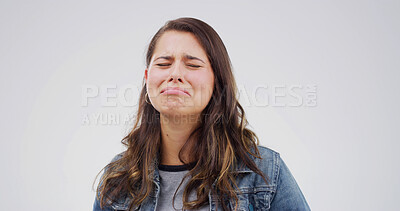 Buy stock photo Sad, crying and woman with stress in studio for broken heart, depression or fail on white background. Anxiety, unhappy person and tears for mental health crisis, bad news and breakup with space