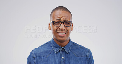 Buy stock photo Question, thinking and portrait of business black man in studio for choice, doubt and fake news. Decision, reflection and confused with person on white background space for brainstorming and review