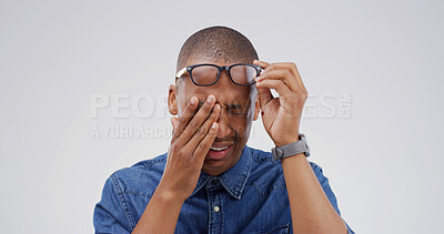 Buy stock photo Sad, black man and crying with grief in studio of bad news, mourning loss and emotional breakdown. Male person, sorrow and reaction to trauma memory, heart broken and panic attack on white background